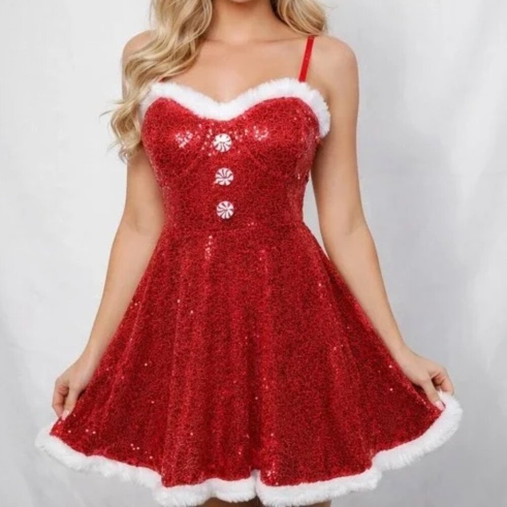 No Boundaries Red Sequin Christmas Dress w/ Faux Fur & Peppermint Candy Buttons